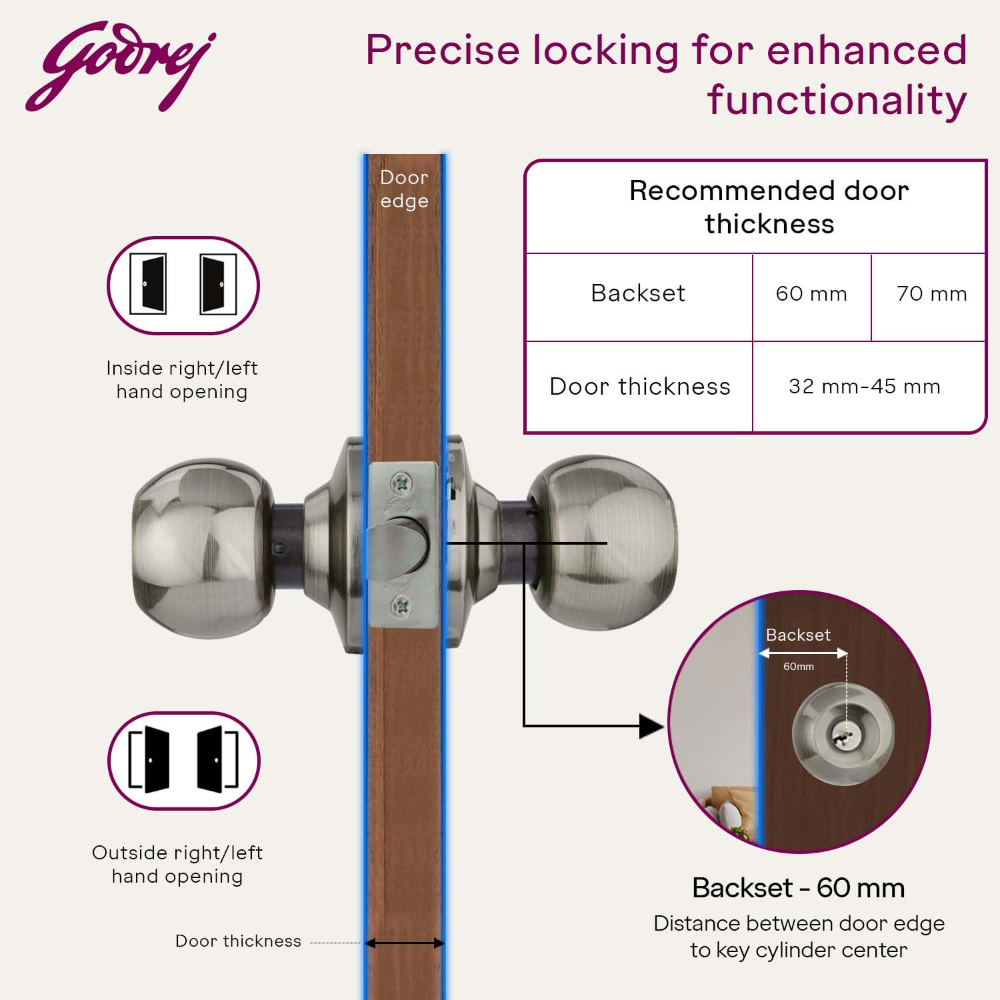 Godrej Cylindrical Lock I With 3 keys I For bedroom, For Home & Office I Suitable for Left Right, Inside&Outside Opening Doors I Backset 70mm I Antique Brass Finish I 5 Years Warranty